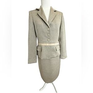 Kasper 2 Pc Skirt Suit Size 4 Beige Tweed Suede Trim Career Blazer Pencil Set